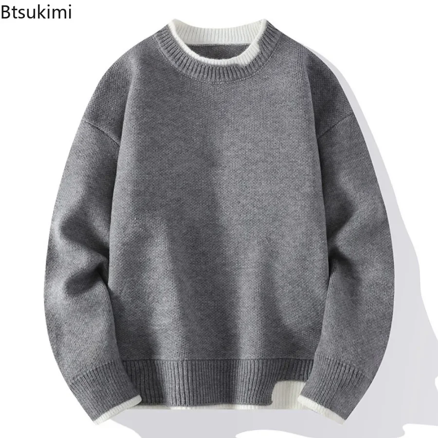 Men's Flat Knitted Solid O-Neck Sweater Spliced Long Sleeve Pullovers Winter Standard Wool Loose Slight Strech Basics Sweater