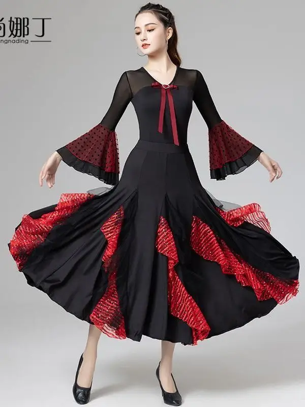 Modern Dance Skirt Women's New National Standard Waltz Social Dance Dress Table Performance Long Sleeve Top Big Swing Half Body