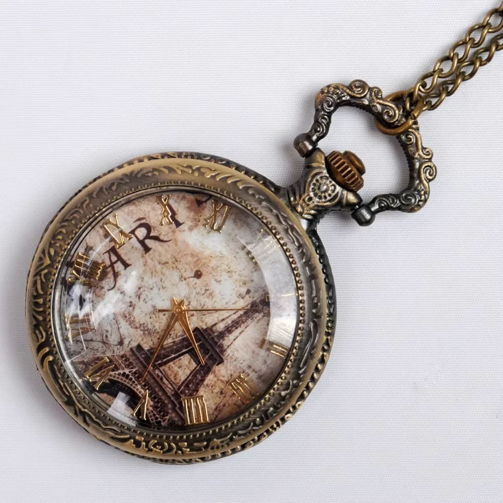 NEW Style  Big Vintage Eiffel and Triunf Arch Paris Pocket Watch Necklace Vintage Old Fashion Fashion Woman Jewelry