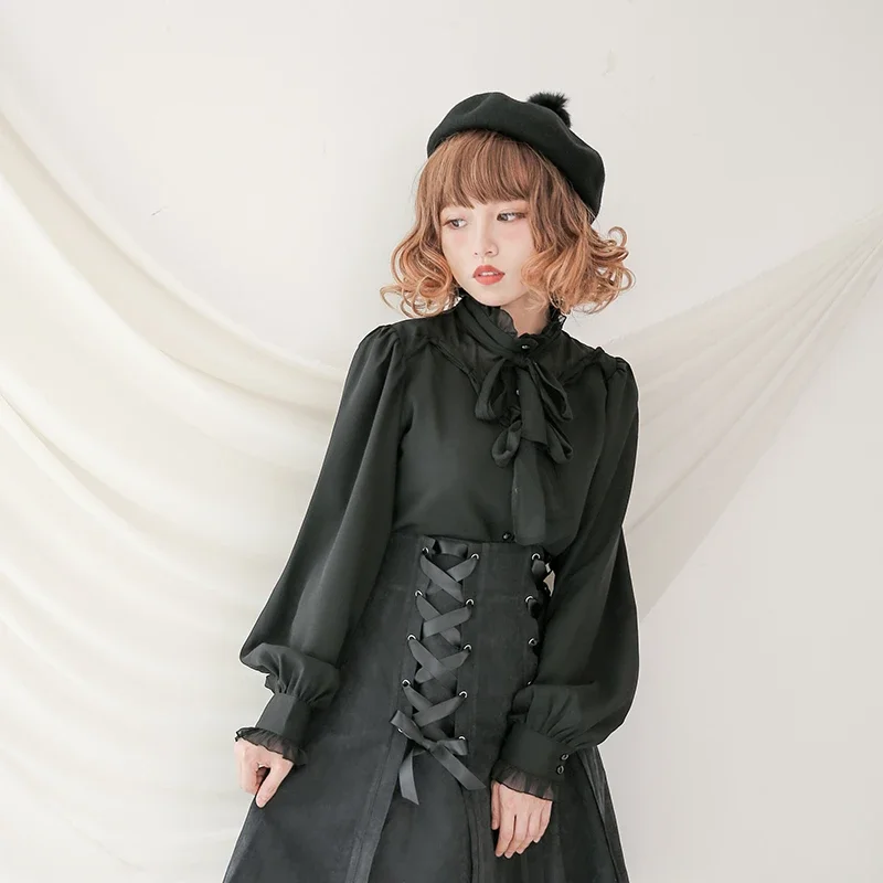 Chiffon Lolita Lantern Sleeve Vintage Shirt 2024 Autumn New Dark Loose Space-up Blouse Women Long Sleeve Tops Camisas De Mujer