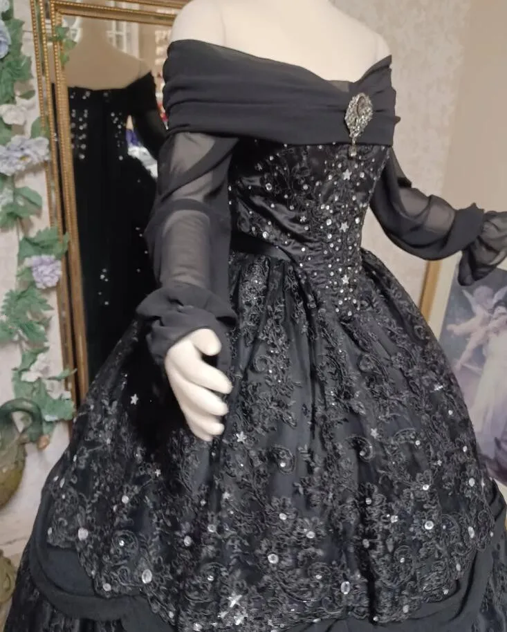 블랙 반짝이 고딕 빅토리아 웨딩 드레스, 긴팔 별, 레이스업 코르셋 벨 코스튬 파리 신부 가운, 맞춤형