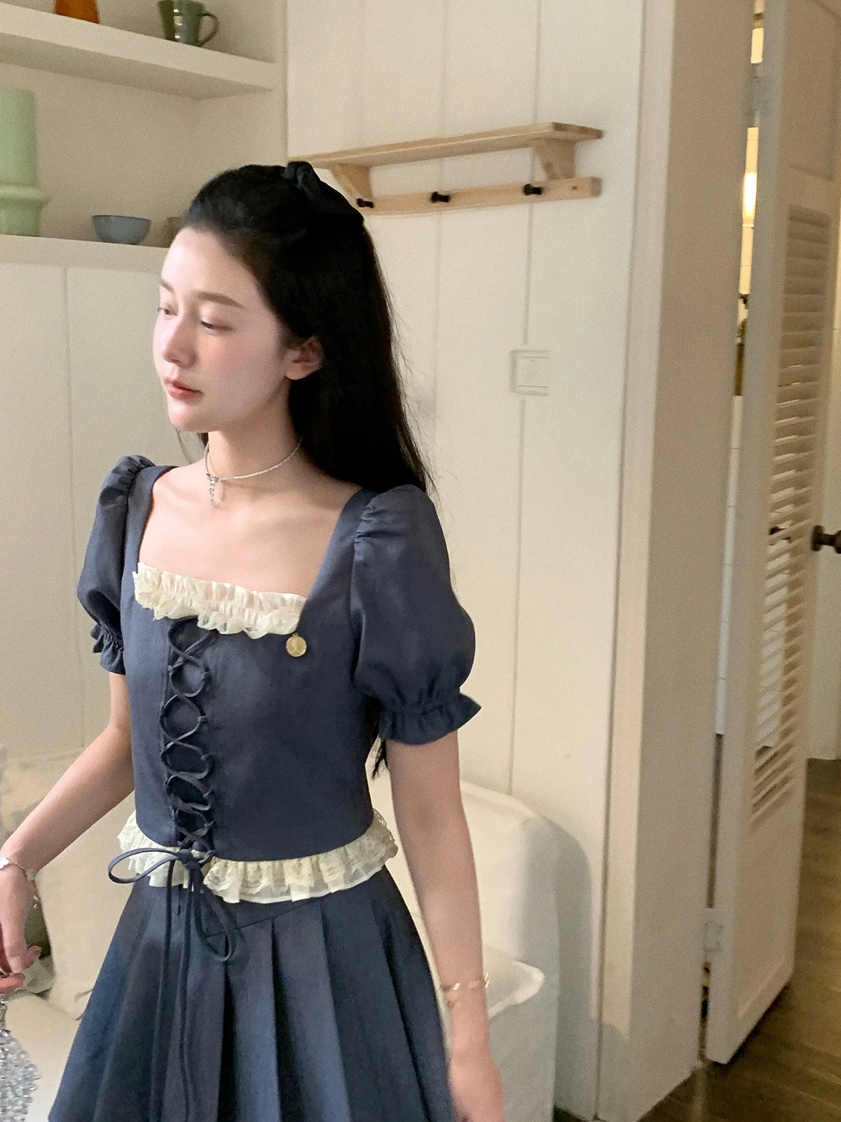 

Peacola Summer Faion Set Women's Gauze Sve Square Collar f Skirt Ele Sle Age Range 8-25 Years Old