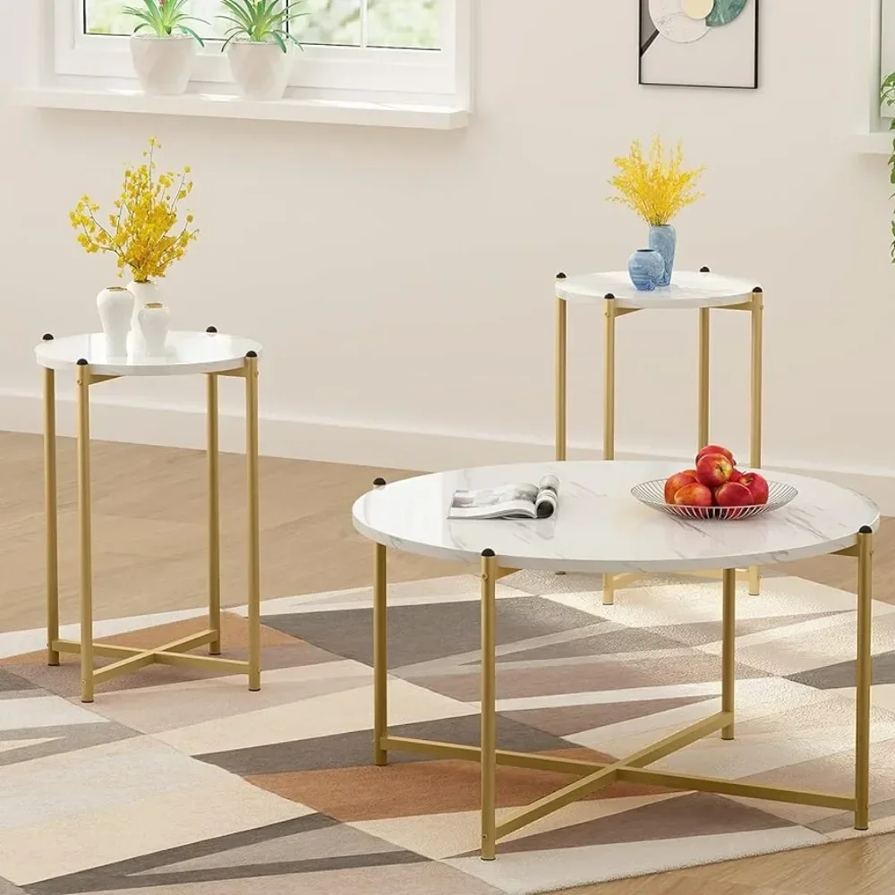 

Small Space (gold) Furniture Table with Gold Cross Base Frame, 2 Tea Tables with Imitation Marble Tabletop,