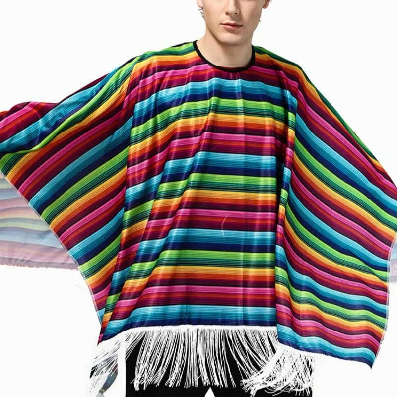 Disfraz Mexicano para Adultos y Niños, Capa con Estampado de Rayas Coloridas, Poncho Unisex Estilo Boho para Fiesta de Halloween, con Mangas de Murciélago y Borlas