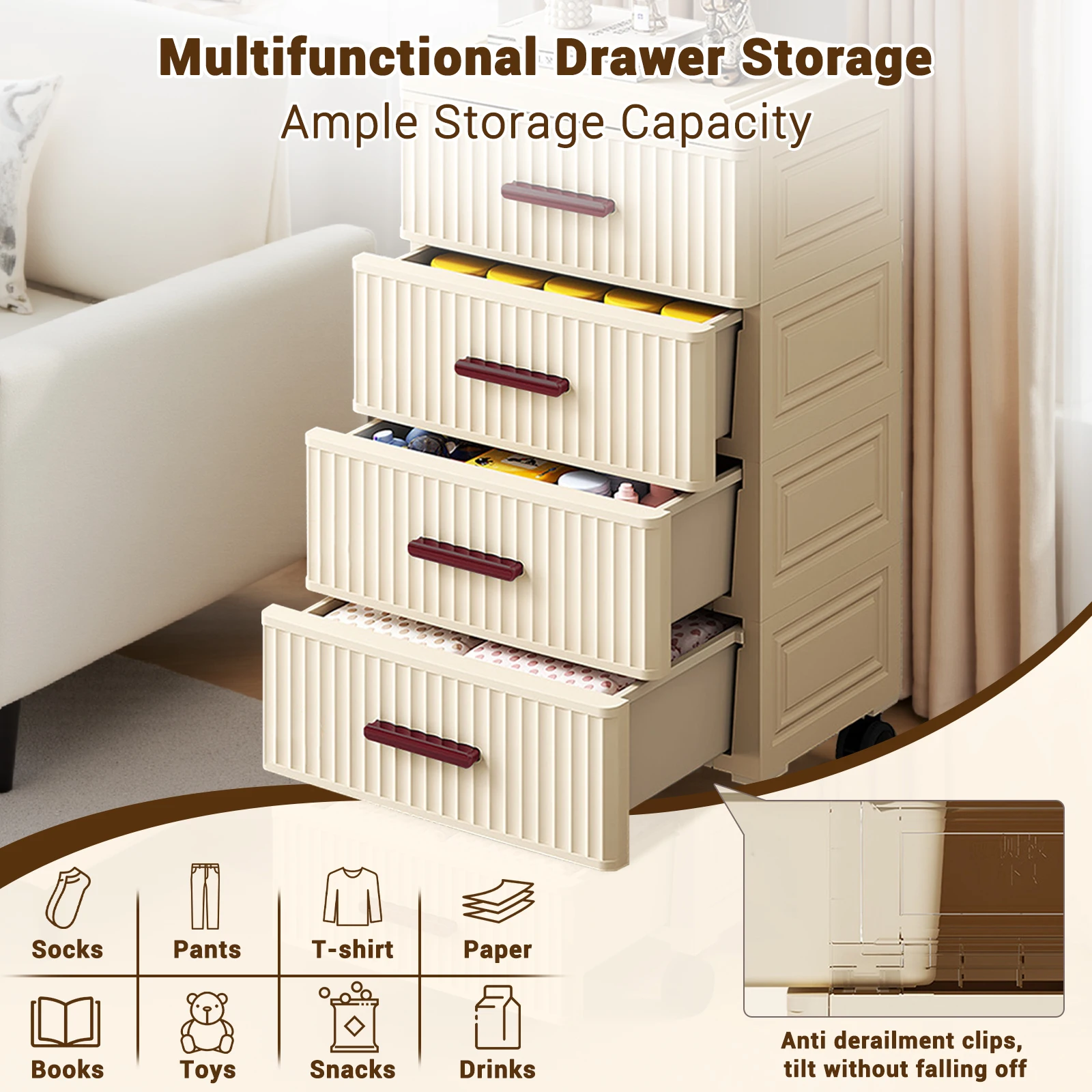 منظم تخزين بأدراج بلاستيكية مكون من 4 طبقات، خزانة ذات أدراج، وحدة تخزين عمودية لخزانة الملابس الطويلة لحامل غرفة النوم الليلي