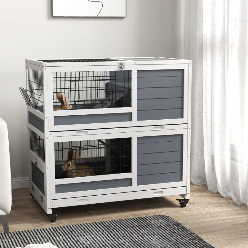 

35.5" Wooden Guinea Pig Cage with Feeding Trough, Removable Trays, Ramps & Openable Top for 1-2 Rabbits, Gray