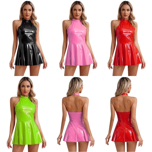 Imagen 2 del producto Minivestido patinador brillante de charol para mujer, lencería ajustada con espalda descubierta y cuello Halter, vestidos acampanados, ropa de fiesta Rave Disco Clubwear
