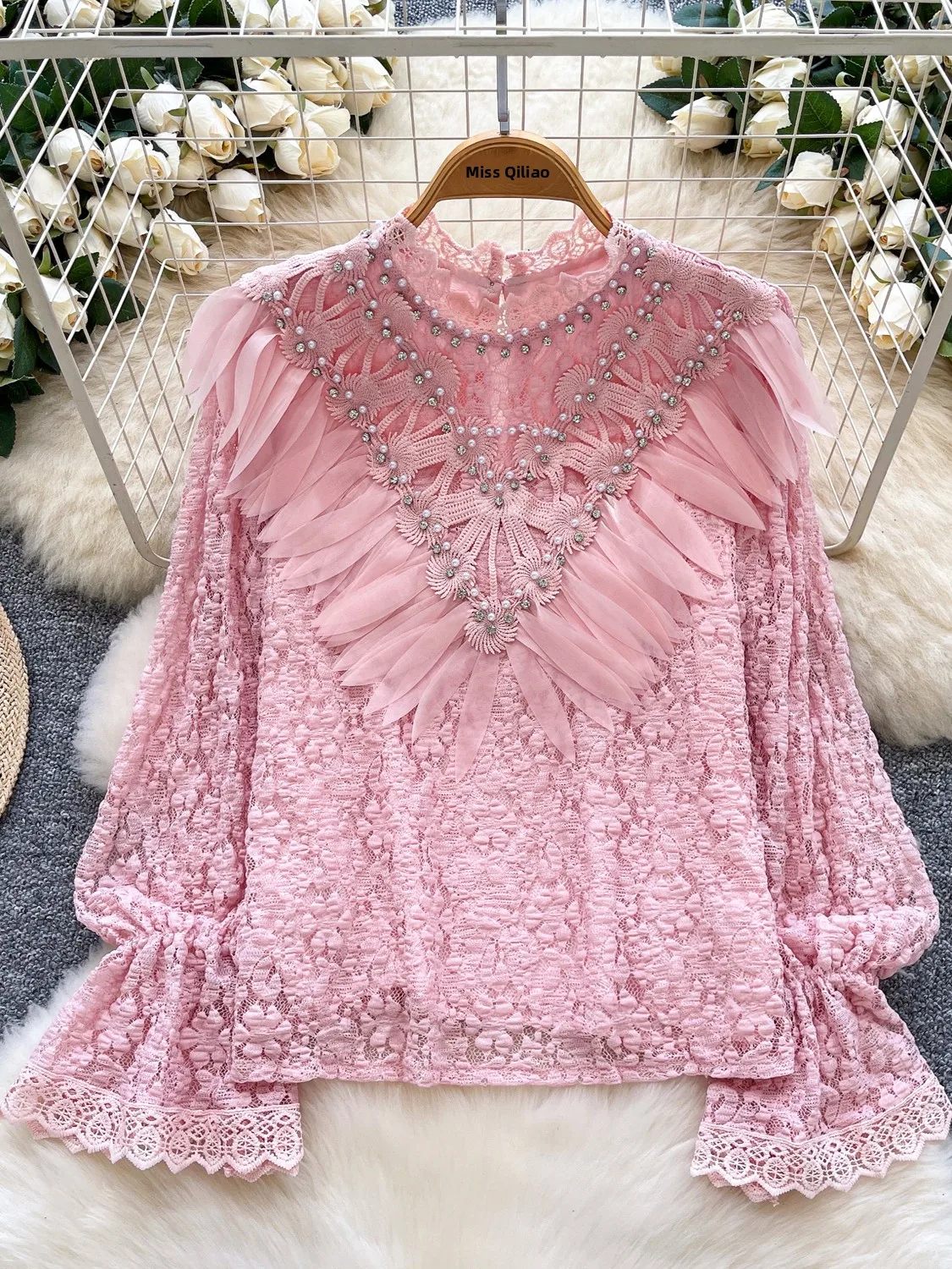 

Кружевная блузка Embellied Long Sve, женская модная тяжелая рабочая блузка с бриллиантами, плиссированная универсальная осенняя хай...