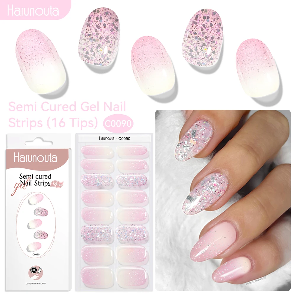 Harunouta 16 Streifen, Farbverlauf, roter Marmor, Goldlinie, halbgehärtete Gel-Nagelstreifen, DIY-Gel-Nagellack-Aufkleber für Nägel, Arbeit mit UV/LED