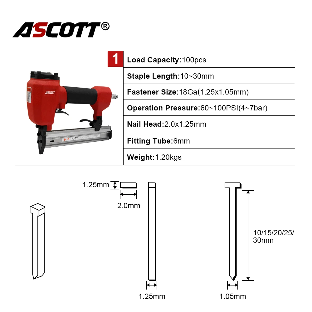 ASCOTT 18Ga Pneumatic Brad Nailer F30 Finishing Nail Gun 10-30mm Straight Stapler for Furniture, Wardrobes, Framing, Upholstery