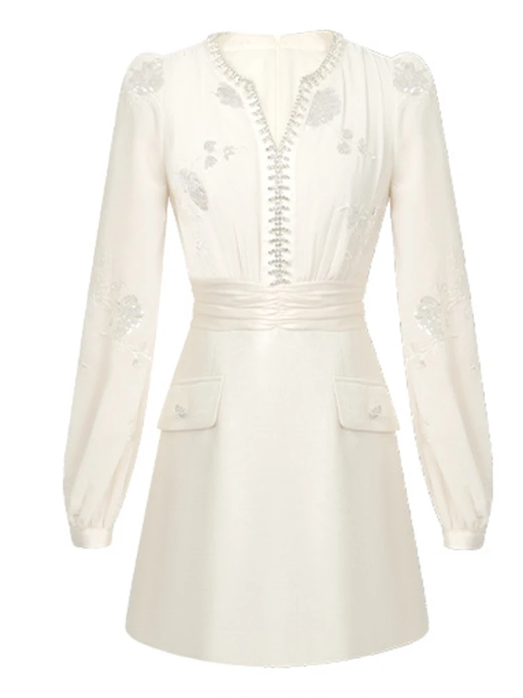 ชุดเดรสสั้นทรงดินสอผ้าชีฟองปักเลื่อมลายดอกไม้ คอวี ทรงเข้ารูป หรูหรา สง่างาม แฟชั่นสำหรับผู้หญิง เหมาะสำหรับโอกาสทั้งลำลองและเป็นทางการ