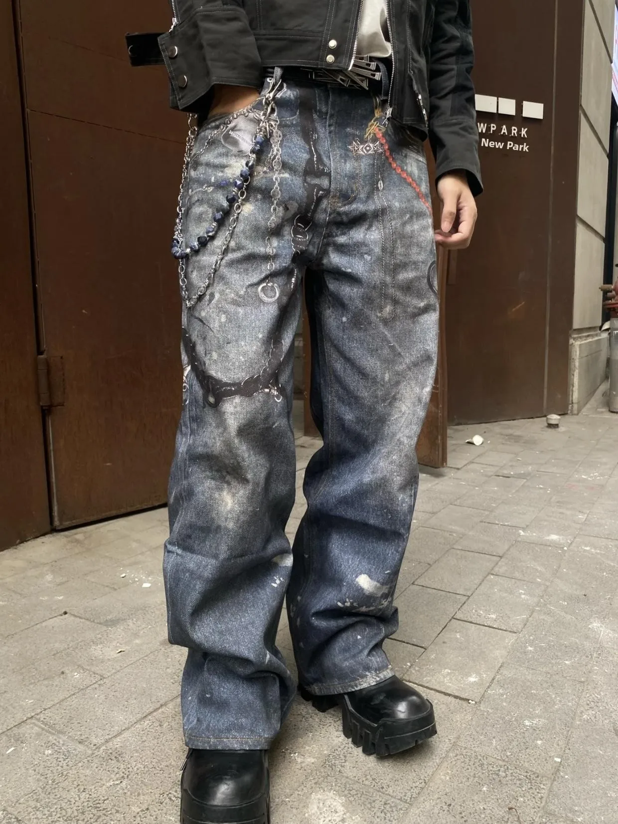 

Dao98 M винтажные джинсы с водяной талией и 3D цифровым принтом, мешковатые прямые длинные брюки с цепочкой в стиле ретро, молодежная мода