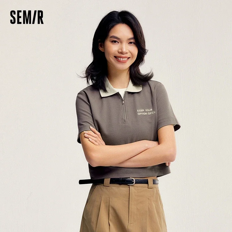 Semir Polo Shirt Women Short Letters Embroidery 2024 Summer New Antibacterial Texture Top Temperament