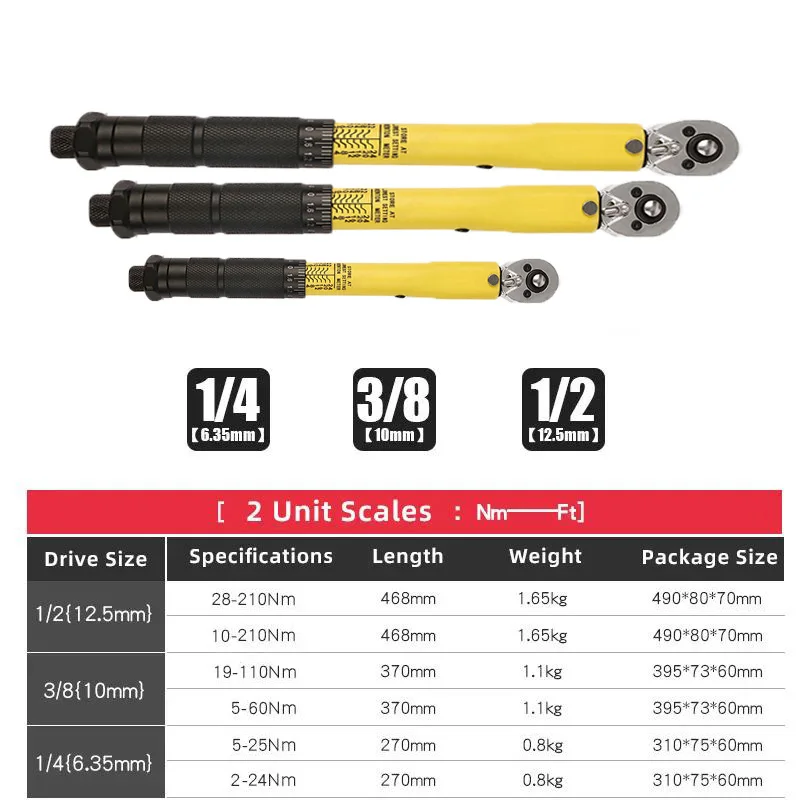 2-210N.m Torque Wrench 1/2 3/8 1/4 Precise Reversible Ratchet Torques Key Professional Bicycle Motorcycle Car Automotive Tool