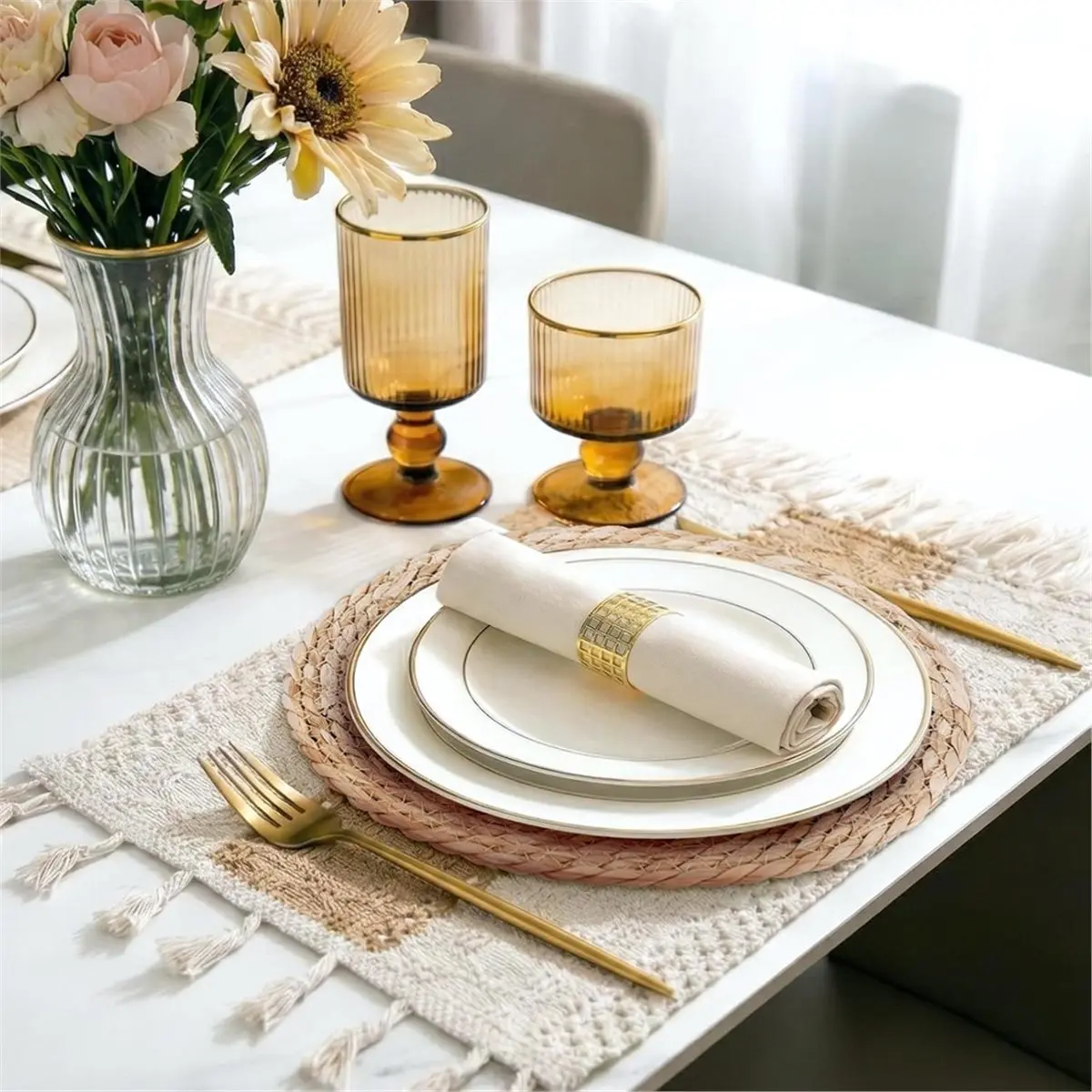 8sets Straw Meal Mat, Round and Rectangular Mats, Bohemian Style Decoration for Rural Farmhouse, Kitchen Heat-