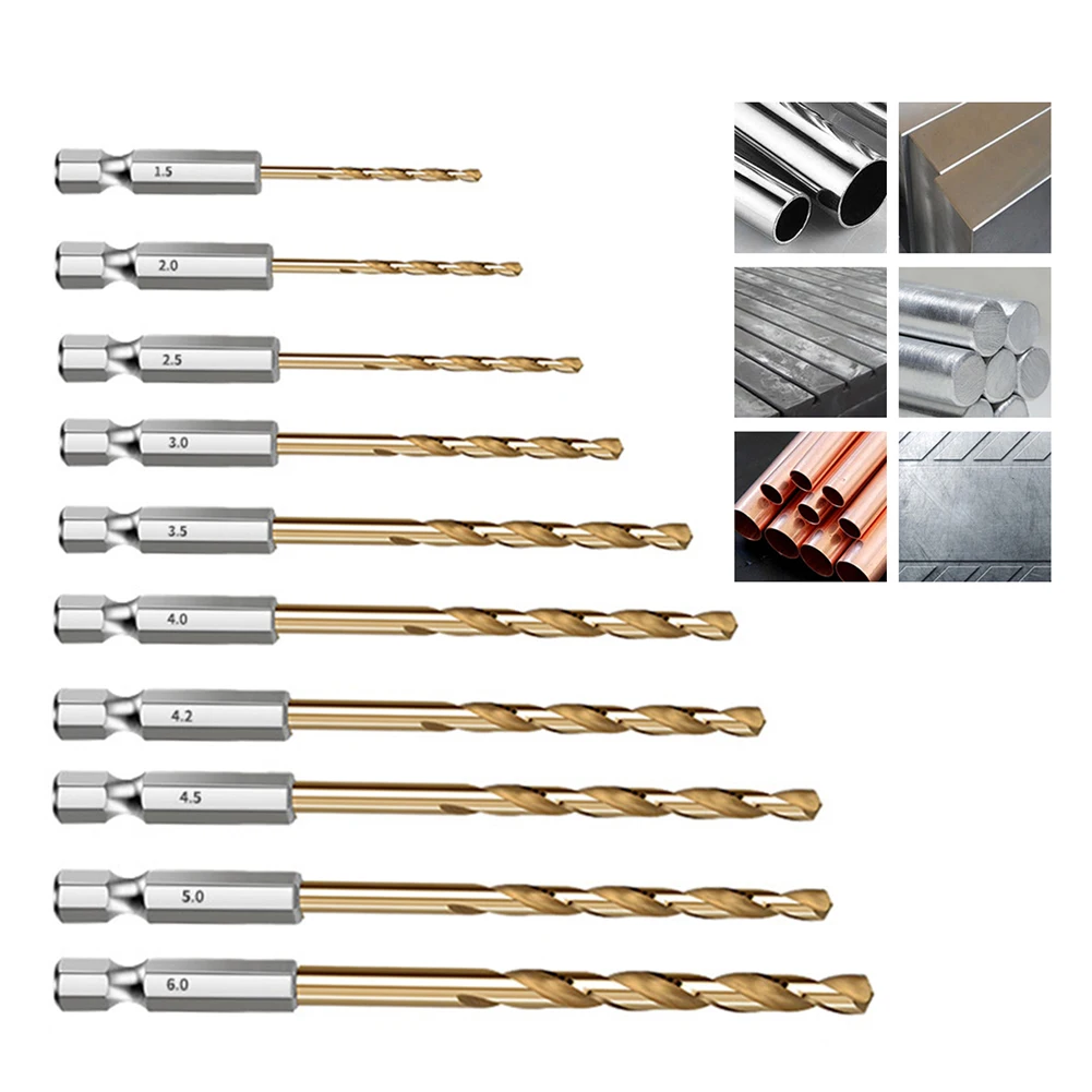 10pcs  Drill Bit Set Titanium Coated Hole Drill Hex Shank Drill Bit 135 Degree Tip Wood Metal Drilling Cutter HSS Hole Opener