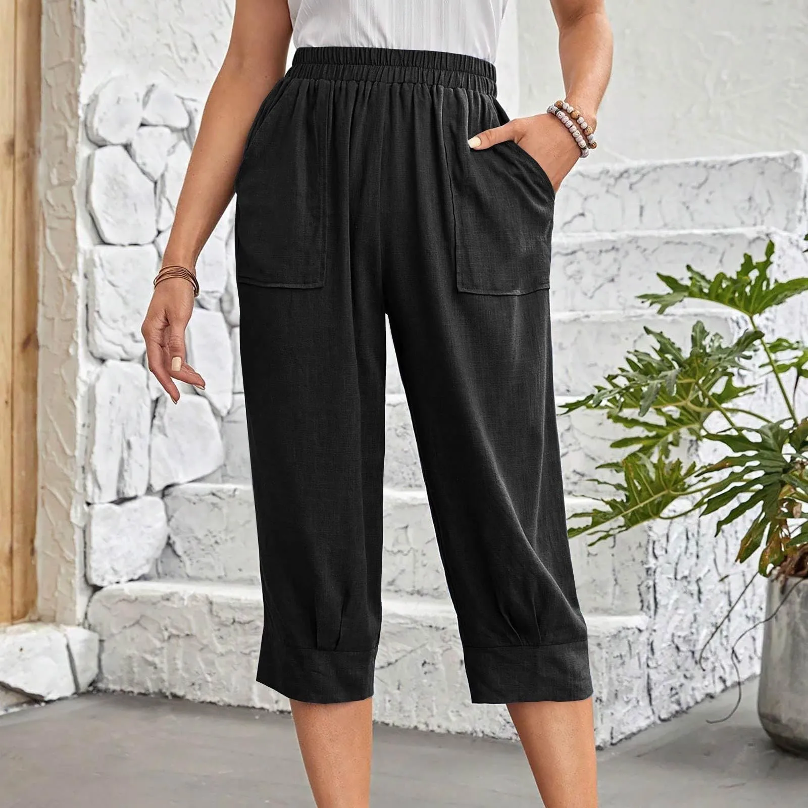 Summer Solid Color Fashion Elastic Waist Wide Leg Shorts Trousers Women High Street High Waist Pockets Vintage All-match Pants