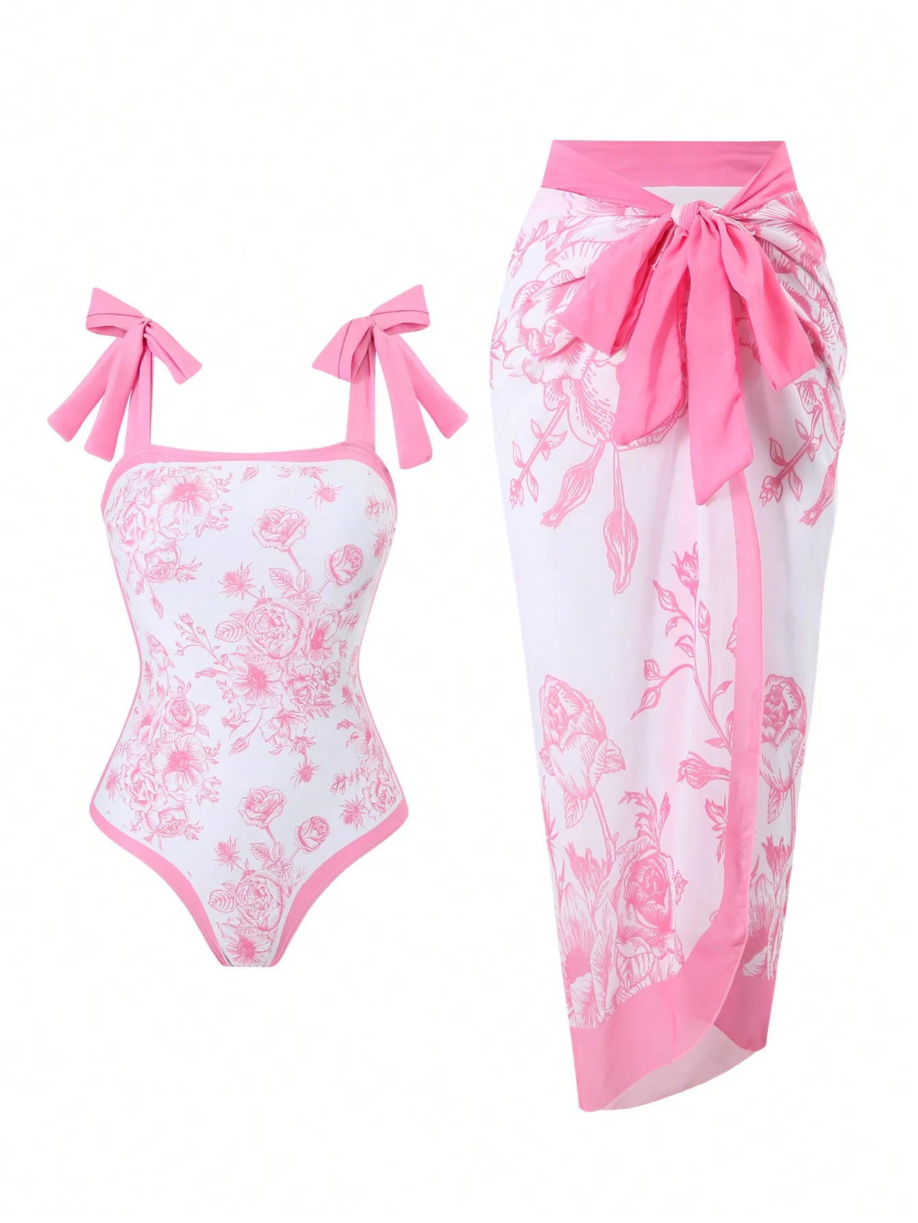 Pink Floral Print One-Piece Swimsuit With Bow-Tie Straps And Matching Sarong For Beach Vacation