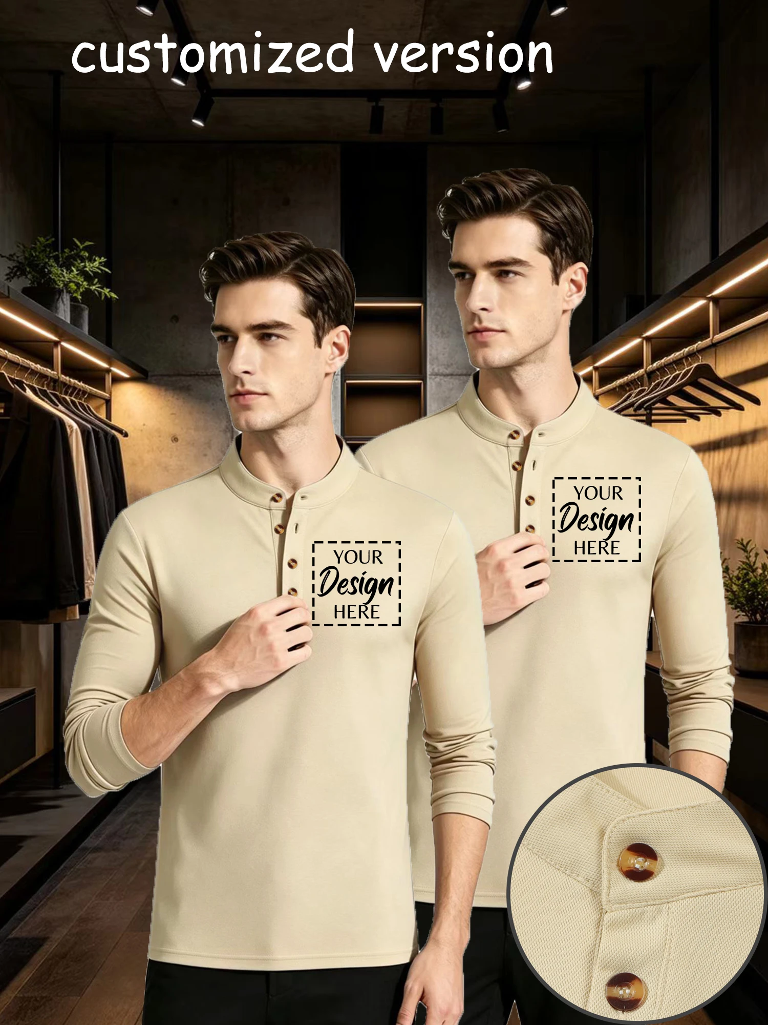 Men's business casual polo shirt long sleeved, comfortable and breathable T-shirt top, button up cardigan, customizable chest
