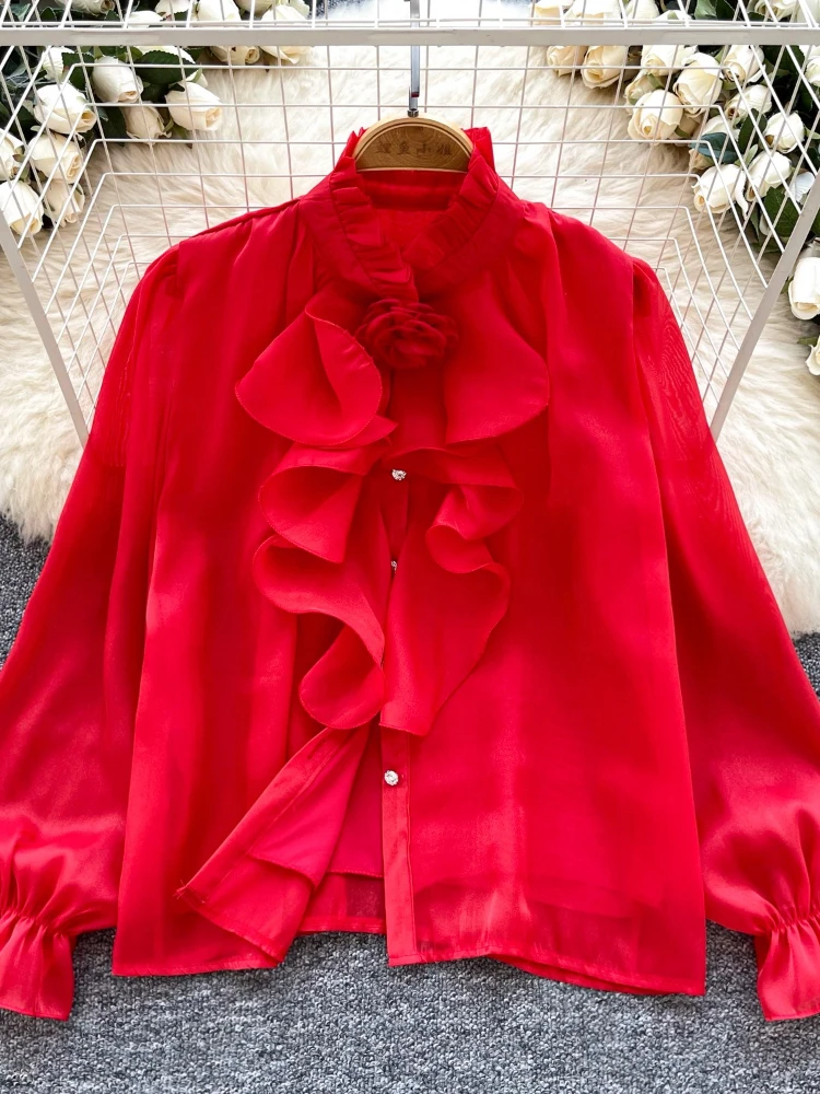 

Новинка 2023 года, осенняя женская рубашка в стиле фен, воротник-стойка, рубашка с длинными рукавами, 3D цветочные украшения, оборки, однобортная рубашка, топы