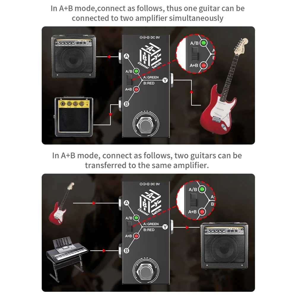 ABY 박스 라인 셀렉터 금속 케이스 기타 페달, ABY 라인 기타 효과 페달, 미끄럼 방지, 트루 바이패스 기타 베이스 페달, AB 스위치