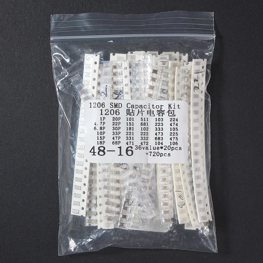 720PCS/Lot 1PF~10UF 1206 SMD Capacitors set, 36 Values 1206 Capacitor Assorted Kit 1PF 4.7PF 6.8PF 10PF 15PF 18PF 20PF 22PF 30PF