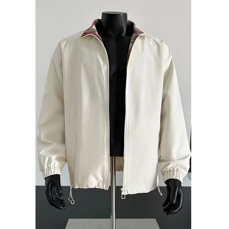 

Checkered patchwork jacket men's spring stand up collar sports jacket American high street couple lapel baseball jersey