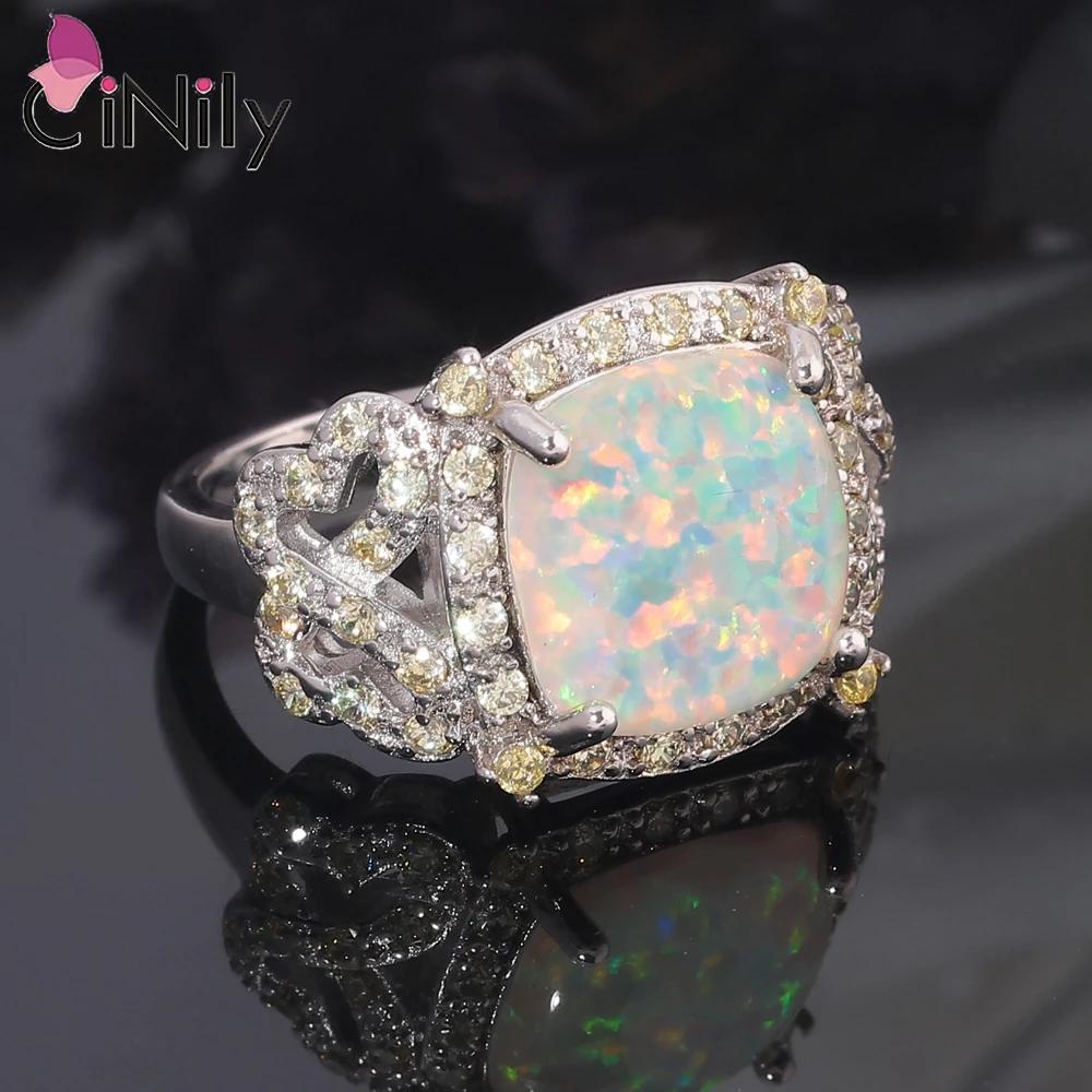 CiNily Exquisite Female White Opal Squre Ring with Gold Zircon Silver Plated Big Gemstone Ring for Women Wedding Fashion Jewelry