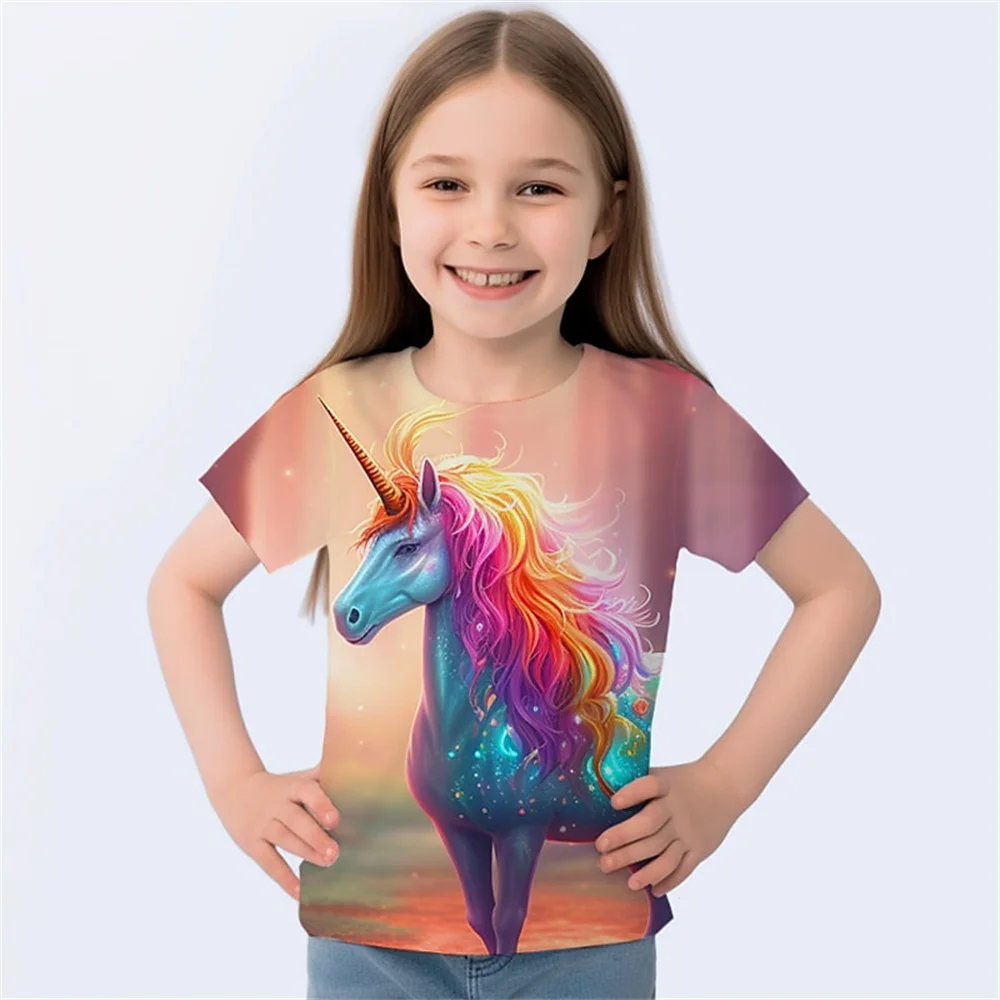 Animal Horse Baby Girl T-Shirt Summer Casual Comfortable Short Sleeve 3d Printed Fun Girls' T-Shirt Children's Clothing