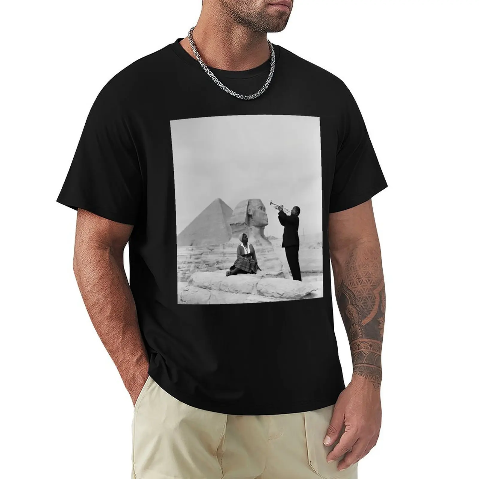 Louis Armstrong And Sphinx T-Shirt Casual Loose Short Sleeve Tee for Men