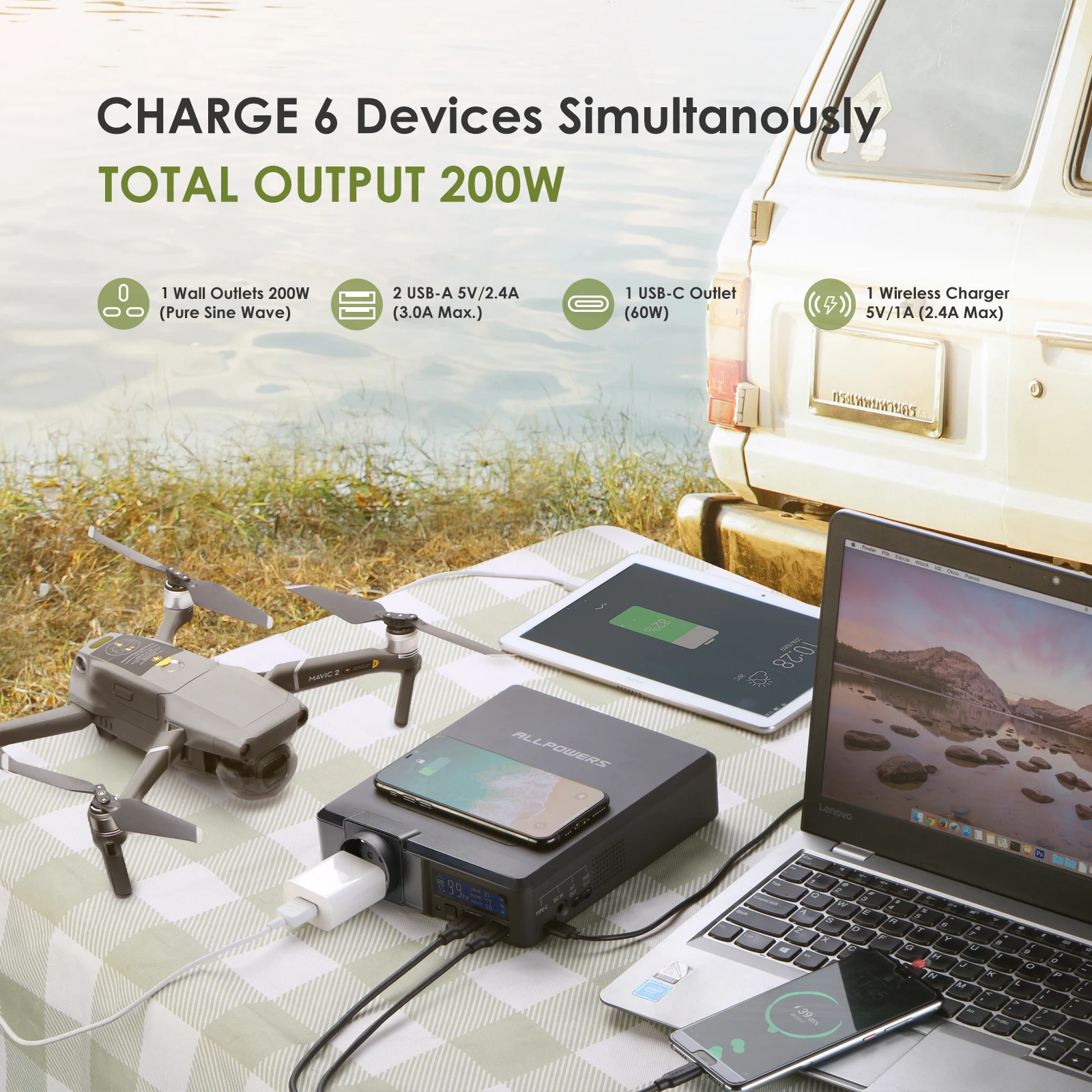 ALLPOWERS Solar Powerbank 41600mAh 200W Portable Powerstation with Solarpanel 60W,DC,USB,USB-C Output for Camping Laptop Iphone