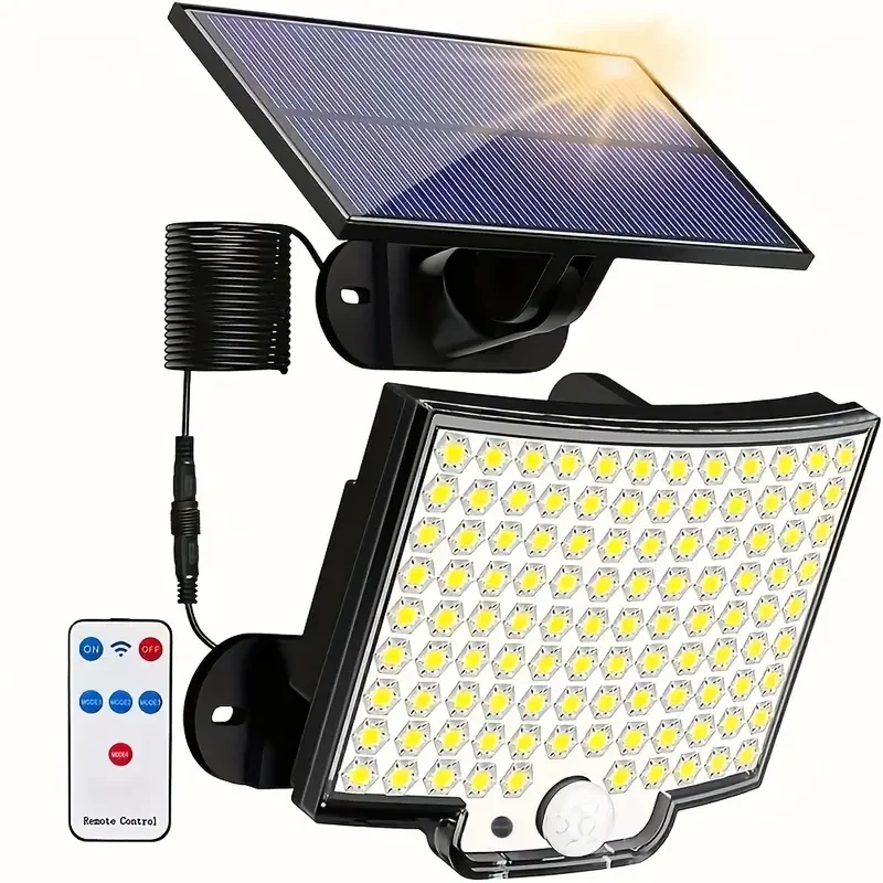 

2 шт. 106 LED солнечных светильников с датчиком движения, IP65, водонепроницаемые, для наружного освещения, 5 режимов, с пультом ДУ, для патио и сада