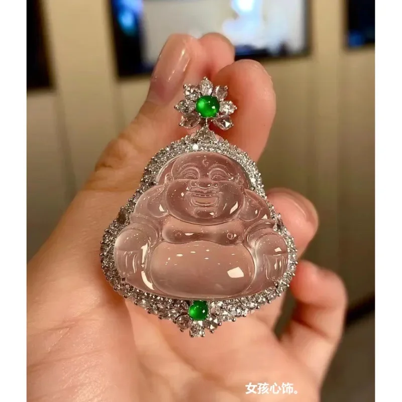 Natural Myanmar Ice-like Jadeite Jade Statue Pendant Men's and Women's Smiling Buddha Maitreya White I