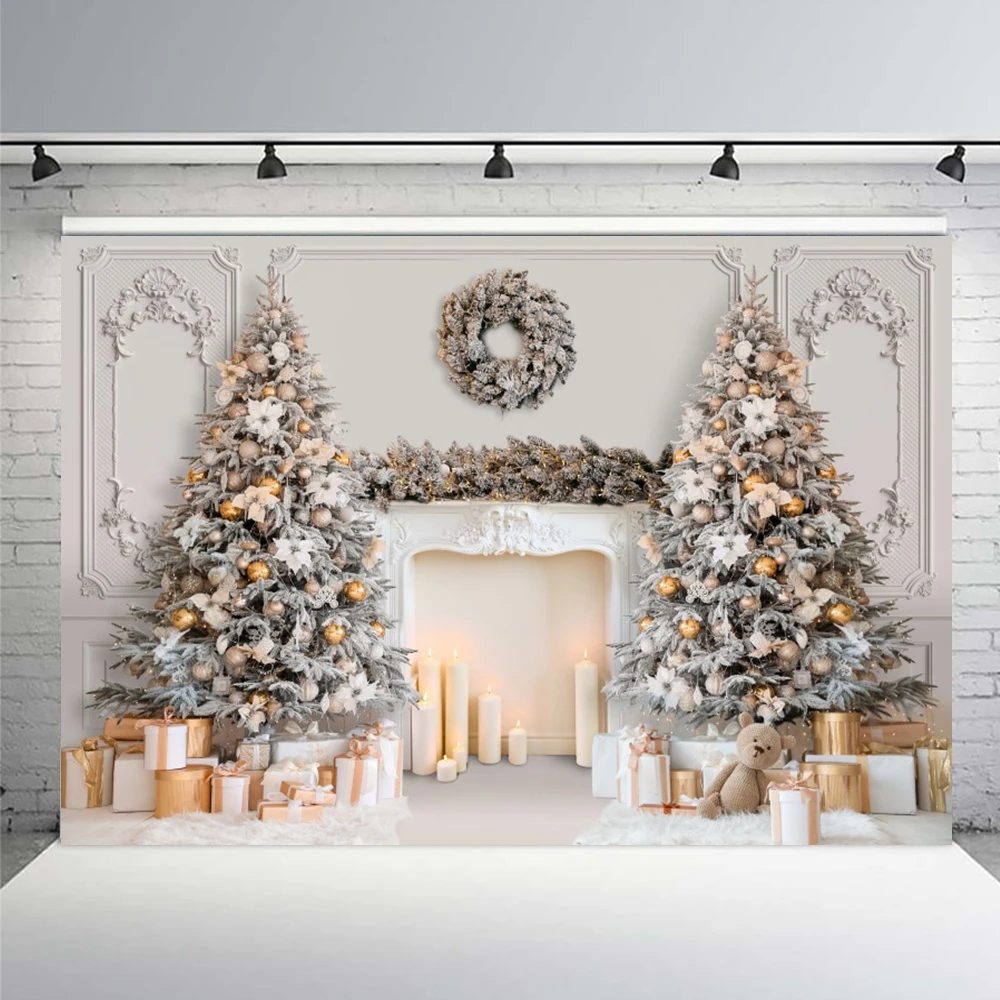 Winter Christmas Candy Store Backdrop Snow Window Tree Baby Portrait Photographic Party Decor Xmas Trees Living Room Background