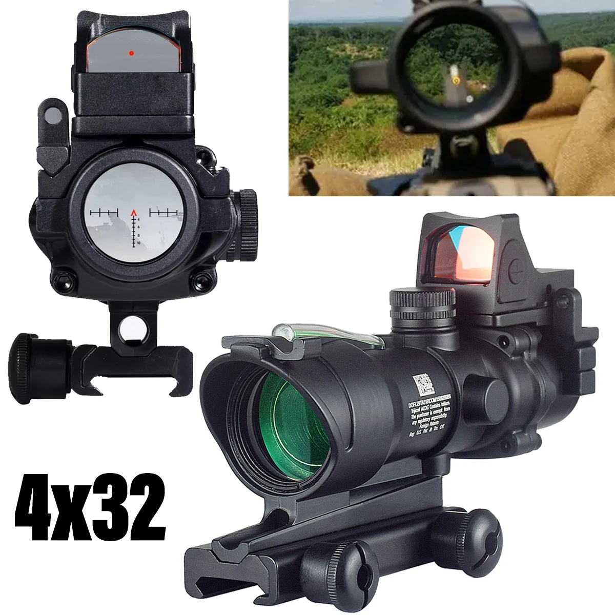 4X32 Tactical ACO Prism Scope Optic Red LED Ballistic Reticle Flip‑Up RM Red Dot Sight 20mm Picatinny Rail for A*irsoft R*ifle