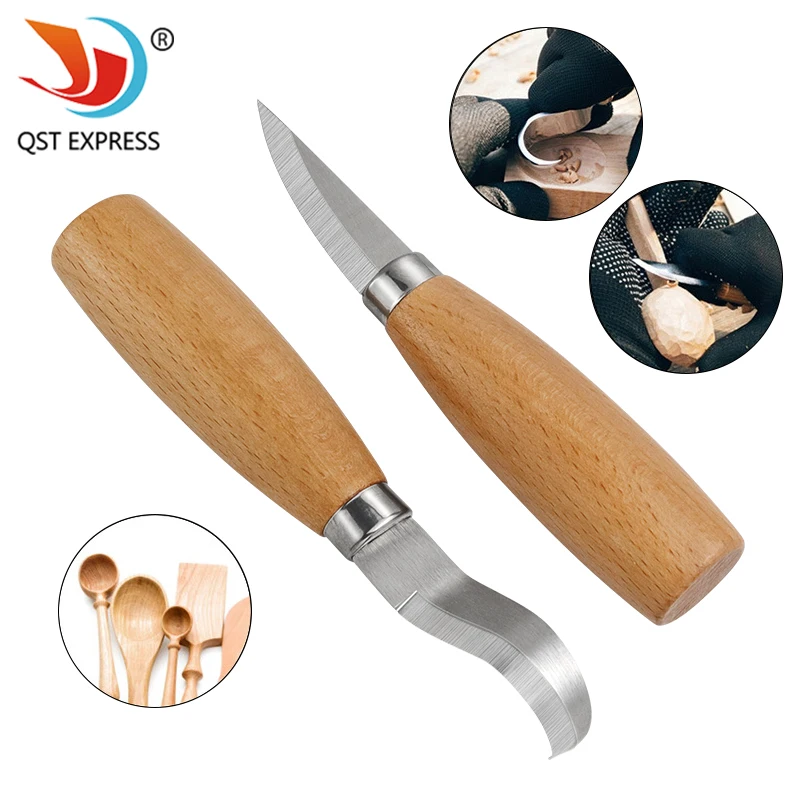 Cuchillo de talla de hierro inoxidable, mango de madera de haya, cuchillo recto curvo, cuchillo de corte de madera, juego de herramientas de tallado de carpintería