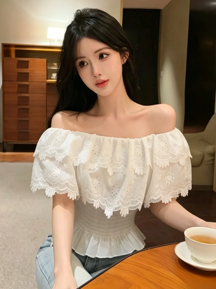 

Pure Desire Sexy Embroidered One Shoulder Pleated Collar Shirt Women's Summer New Unique Beautiful Waist Cinched Short Sleeve...