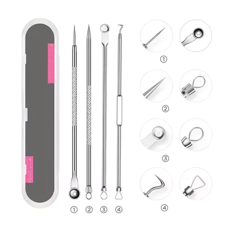 Ensemble d'aiguilles professionnelles pour points noirs du visage, extracteur de points blancs d'acné en acier inoxydable, outil de nettoyage en profondeur du visage, 4