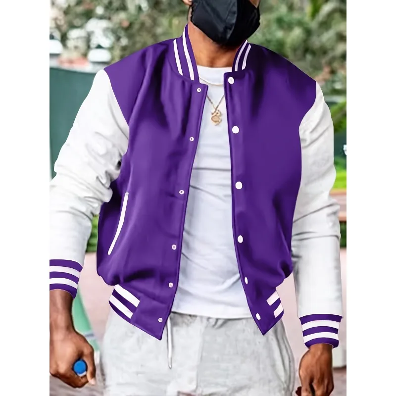 Men'S Casual Baseball Jacket, All-Season Street Style, Contrast Color Long Sleeve Button Front Comfortable and Machine Washable