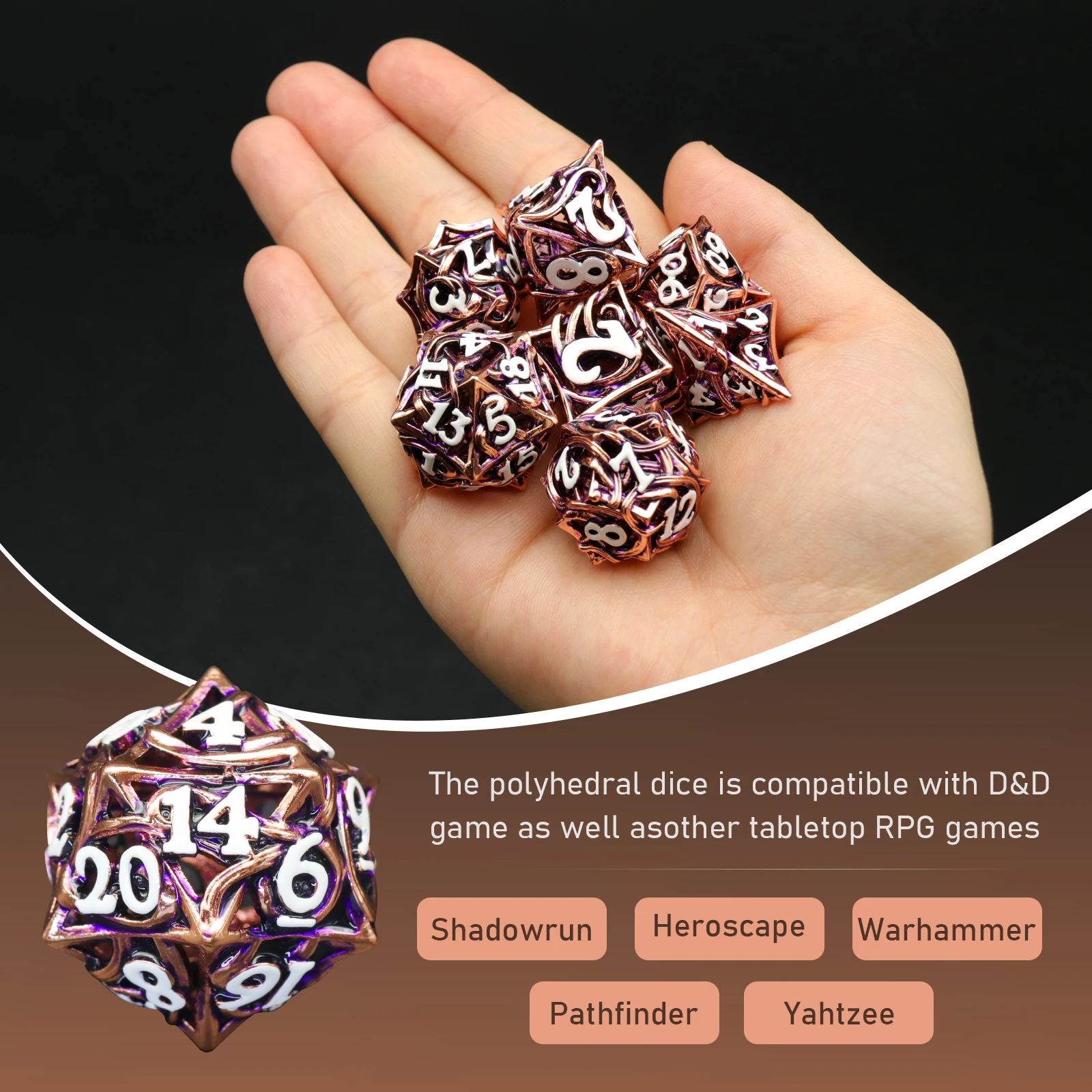 DND 7PCS Polyhedral Dice Set Hollow Metal Vine D&D Dice RPG Dice For Dungeons and Dragon, Role Playing Game (Rose Glod)