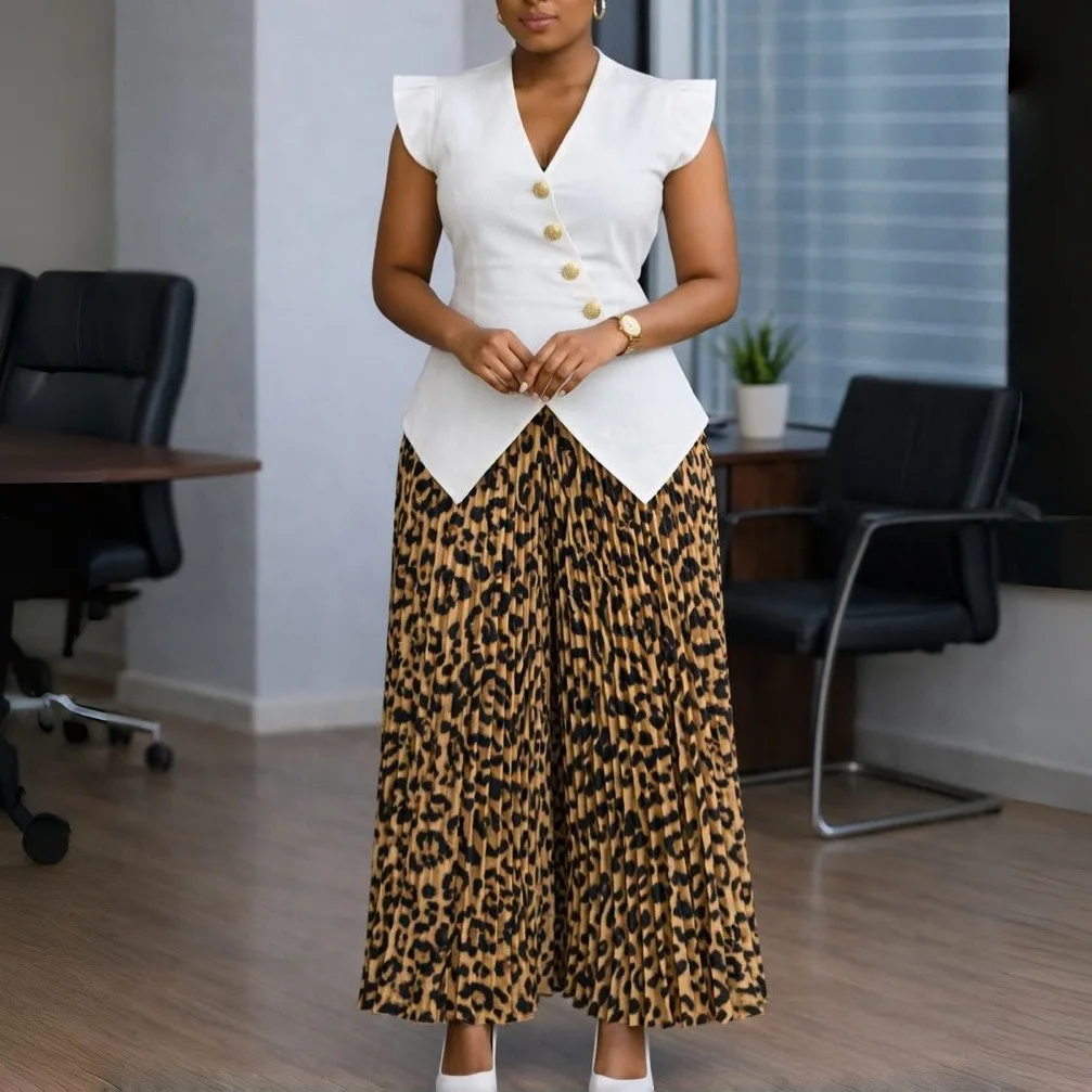 D632 Fashionable Sleeveless Buttoned Solid Color V-neck Top And Printed Pleated Wide-leg Pants Two-piece Set Birthday Dress Sexy