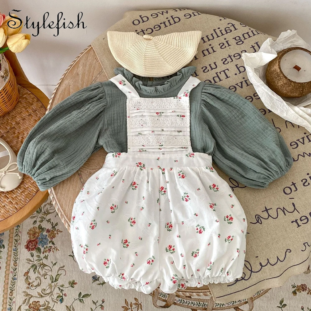 Spring and Autumn Clothing Infant and Toddler Children 0-3 Year Old Girl Lantern Sleeve Top Fashion Bow Tie Strap Romper Set