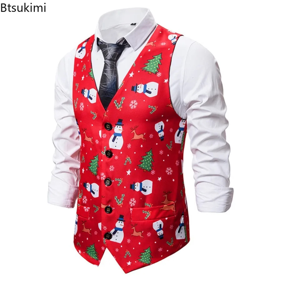 Christmas Funny 3D Print Suit Vest Men's New Fashion Slim Vintage Single Breasted Sleeveless Waistcoats Male Party Tuxedo Vests
