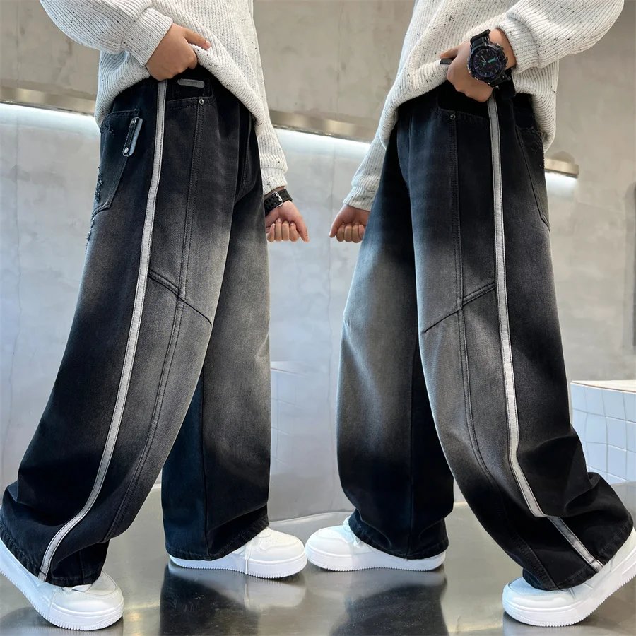 

New Kids Designer Vintage Casual Washed Loose Straight Leg Jeans for Fashionable Boy Spring Autumn Denim Pants Children Trousers