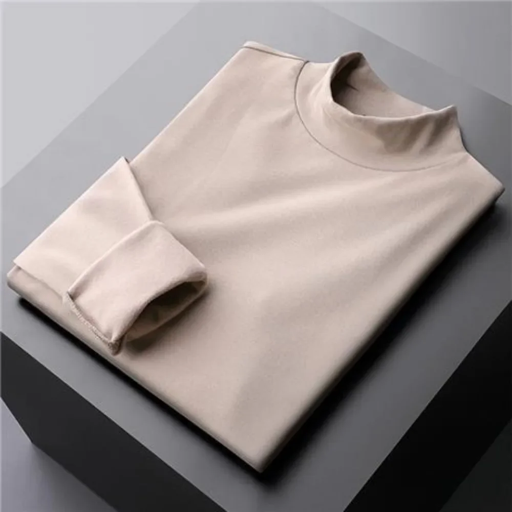 Men\'s Warm Brushed Half-Turtleneck Long Sleeve T-Shirt Solid Collar Casual Spring Autumn Tees Warm and Cozy Base Undershirt Male