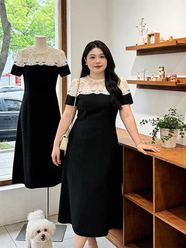 

plus Size Lace Splice Hollow out Breathable round Neck Short Sleeve Dress Women's Summer New Style Slimming Black Long Dress