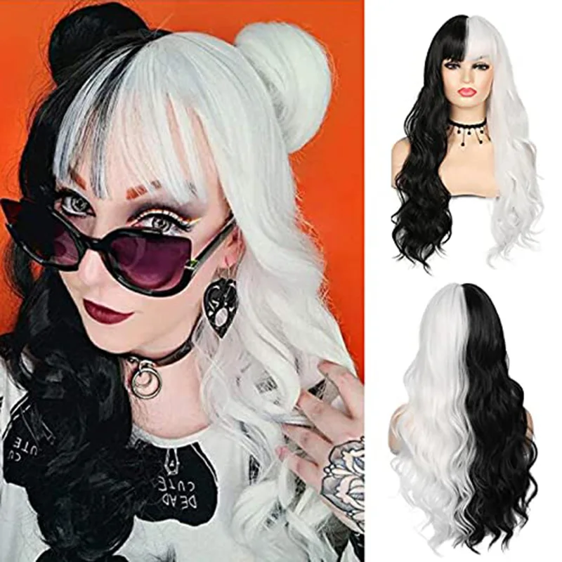 Full Wig HairstylecosLong Curly Wig for Women with Bangs, Black and White Two-Tone, Halloween Party, Natural and Fluffy