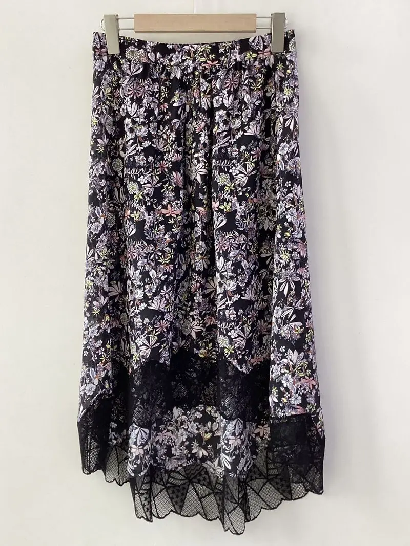 Black Half Skirt for Women in Summer High end Comfortable Elegant Small Floral Lace Irregular Silk Half Skirt