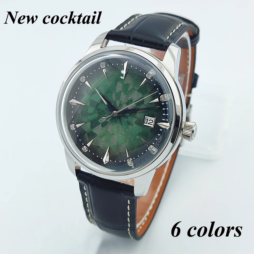 40mm Cocktail Watch Men nh35 Watch Automatic NH35 Movement Mineral Glass Steel Case Leather Strap Waterproof