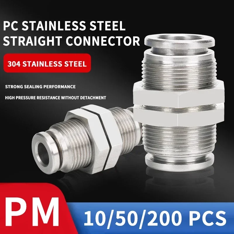 

PM 304 Stainless Steel Bulkhead Quick Coupling: Connect 4mm 6mm 8mm 10mm 12mm 14mm 16mm Hose and Gas Pipes Pneumatic Fitting